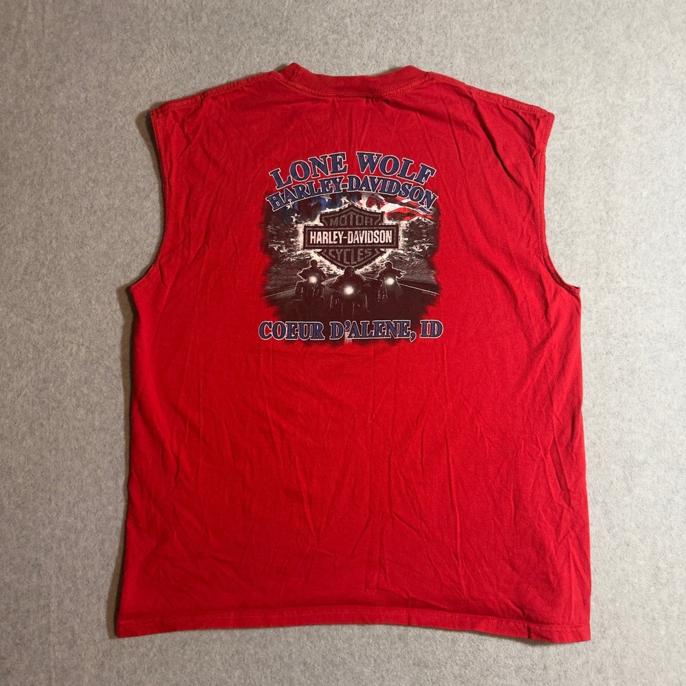 Harley Davidson Lone Wolf Coeur d'Alene ID Sleeveless Pocket T-Shirt Red Mens XL